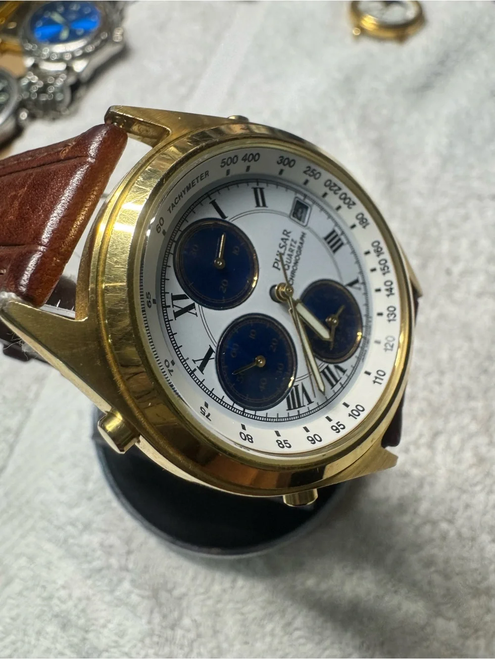 Pulsar Gold Case Watch with White Dial and Blue Subdials
